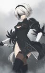  1girl absurdres black_blindfold black_dress black_footwear black_gloves black_hairband blindfold boots closed_mouth dress gloves grey_background grey_hair grey_thighhighs hairband highres holding holding_weapon medium_hair mole mole_under_mouth nier:automata nier_(series) shirl_geem short_dress side_slit solo standing thigh_boots thighhighs thighhighs_under_boots weapon yorha_no._2_type_b 