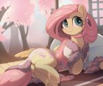  absurd_res clothed clothing cutie_mark equid equine eyelashes female feral fluttershy_(mlp) friendship_is_magic green_eyes hair hasbro hi_res hooves long_hair lying mammal my_little_pony nookprint on_side pegasus pink_hair pink_tail plant quadruped robe solo tail tree wings yellow_body 