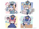  &gt;_o 4girls :d ^^^ aeval_(genshin_impact) afterimage animal_ears aqua_background aqua_coat aqua_headwear arm_up artist_name blue_background blue_coat blue_headwear blunt_ends blush blush_stickers bow bowtie bright_pupils brown_hair buttons closed_eyes coat coffee coffee_mug commentary_request crossed_bangs crying cup drooling flying_sweatdrops genshin_impact grey_hair hair_between_eyes hat highres imagining kiara_(genshin_impact) long_sleeves medium_hair melusine_(genshin_impact) menthe_(genshin_impact) mkgnmk3 motion_lines mouth_drool mug multiple_girls notice_lines one_eye_closed open_mouth outline paper paper_stack parted_bangs peaked_cap pink_background pink_bow pink_bowtie pink_hair purple_eyes reaching saucer sedene_(genshin_impact) short_hair sigewinne_(genshin_impact) simple_background sleeve_cuffs smile speech_bubble spoken_sweatdrop sticker sweat sweatdrop swept_bangs tears thought_bubble turn_pale twitter_username waving wavy_mouth white_background white_outline white_pupils yellow_background zzz 