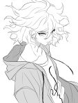  1boy absurdres closed_mouth collarbone danganronpa_(series) danganronpa_2:_goodbye_despair from_side greyscale hair_between_eyes highres hood hood_down hooded_jacket jacket komaeda_nagito looking_at_viewer medium_hair messy_hair monochrome open_clothes open_jacket print_shirt shirt smile solo urami0310 