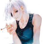  1girl 28cg absurdres black_eyes black_tank_top chainsaw_man cigarette closed_mouth eyepatch hand_up highres holding holding_cigarette long_hair looking_at_viewer one_eye_covered ponytail quanxi_(chainsaw_man) simple_background solo tank_top upper_body white_background white_hair 