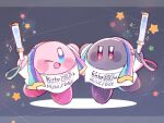  ;d arms_up blue_eyes blush blush_stickers closed_mouth clothes_writing commentary_request glowstick grey_background guarani_(muku_6930) holding_glowstick jitome kirby kirby_(series) kirby_30th_anniversary_music_festival looking_at_viewer no_humans one_eye_closed open_mouth red_eyes shadow_kirby shirt simple_background smile sparkle standing standing_on_one_leg star_(symbol) white_shirt 
