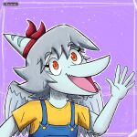  1:1 2023 amber_(snoot_game) amber_eyes anthro artist_name bow_(feature) child clothing digital_drawing_(artwork) digital_media_(artwork) dinosaur elbow_feathers eyelashes feathered_wings feathers female gesture grey_body grey_scales hair looking_at_viewer open_mouth overalls pterodactylus pterosaur reptile rsbr scales scalie short_hair silver_hair simple_background smile snoot_game snout solo tongue watermark waving waving_at_viewer wings young 