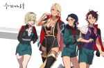  4girls angry asticassia_school_uniform blonde_hair breasts brown_hair dark-skinned_female dark_skin elan_ceres genderswap genderswap_(mtf) green_hair guel_jeturk gundam gundam_suisei_no_majo hairband highres holding_another&#039;s_arm jewelry large_breasts lauda_neill long_hair multiple_girls necklace necktie nokhong_y purple_hair school_uniform shaddiq_zenelli short_hair shorts siblings sisters skirt white_background 