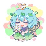  1girl antennae aqua_hair blush butterfly_wings candy closed_eyes dress eternity_larva fairy food full_body green_dress highres holding holding_candy holding_food holding_lollipop kaoling leaf leaf_on_head lollipop multicolored_clothes multicolored_dress open_mouth short_hair short_sleeves smile solo touhou wings 