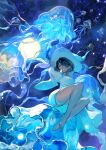  1girl bare_legs barefoot black_hair braid commentary_request full_moon green_eyes grin hair_ornament hair_over_one_eye hat highres jellyfish lack leg_wrap medium_hair moon night night_sky original robe sky smile solo star_(sky) tentacles twin_braids white_robe wide_sleeves witch_hat 