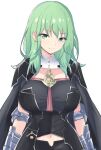  1girl absurdres alternate_hair_color armlet bodice breasts bustier byleth_(female)_(fire_emblem) byleth_(fire_emblem) cape clothing_cutout commentary_request enlightened_byleth_(female) fire_emblem fire_emblem:_three_houses green_eyes green_hair highres large_breasts latte light_green_hair navel_cutout ribbon_braid solo tassel turtleneck vambraces 