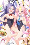  2girls animal_ears arona&#039;s_sensei_doodle_(blue_archive) black_leotard blue_archive breasts fake_animal_ears highres koyuki_(blue_archive) leotard long_hair looking_at_viewer medium_breasts multiple_girls open_mouth painter-lhb pink_leotard playboy_bunny purple_hair rabbit_ears sensei_(blue_archive) small_breasts smile yuuka_(blue_archive) 