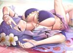  1girl beach bikini bracelet breasts camilla_(fire_emblem) fire_emblem fire_emblem_fates flower gonzarez hair_flower hair_ornament hair_over_one_eye highres jewelry large_breasts looking_at_viewer purple_eyes purple_hair smile swimsuit 