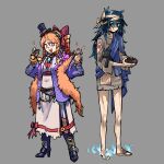 +_+ 2girls alternate_costume black_footwear blue_hair boots bowl damaged debt drill_hair empty_eyes expressionless full_body fur_trim height_difference highres holding holding_bowl jacket jewelry kaibootsu long_sleeves looking_at_viewer messy_hair multiple_girls orange_hair puffy_long_sleeves puffy_sleeves purple_jacket ring skinny stuffed_animal stuffed_cat stuffed_toy touhou toy twin_drills yorigami_jo&#039;on yorigami_shion 