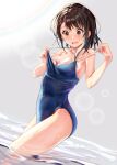  1girl bare_arms bare_legs blue_one-piece_swimsuit breasts brown_eyes brown_hair cleavage clothes_pull collarbone commentary_request covered_navel fish goldfish grey_background highres long_hair looking_down medium_breasts nanashi_(74_nanashi) nisekoi one-piece_swimsuit one-piece_swimsuit_pull onodera_kosaki open_mouth partial_commentary school_swimsuit sideboob solo spaghetti_strap swimsuit wading wavy_mouth wet wet_hair 