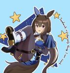  1girl :d admire_vega_(umamusume) animal_ears ankle_boots asymmetrical_footwear black_footwear black_pantyhose blue_background blue_skirt bonchenpint boots brown_hair cross-laced_footwear ear_covers english_text hair_between_eyes hair_ribbon horse_ears horse_girl horse_tail lace-up_boots long_hair long_sleeves looking_at_viewer low_ponytail mismatched_footwear necktie pantyhose purple_eyes ribbon simple_background single_ear_cover skirt smile solo tail umamusume white_footwear white_necktie white_ribbon 