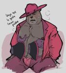  2023 anthro bear belly bodily_fluids bottomwear clothed clothing dialogue hat headgear headwear hi_res male mammal michpuyis moob_grab moobs musclegut nipples open_clothing open_shirt open_topwear overweight overweight_male padre_(unicorn_wars) pants sargento_caricias shirt sitting solo_focus spanish_text sweat text topwear underwear unicorn_wars 