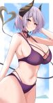  1girl absurdres breasts demon demon_girl demon_horns highres honey_strap horns large_breasts looking_at_viewer maruneco mature_female nanashi_inc. purple_eyes purple_hair saionji_mary swimsuit tail virtual_youtuber 