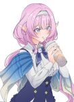  1girl absurdres blue_skirt breasts center_frills closed_mouth collared_shirt commentary cup disposable_cup drinking drinking_straw elysia_(honkai_impact) frilled_skirt frills hairband hands_up high-waist_skirt highres holding holding_cup honkai_(series) honkai_impact_3rd long_hair medium_breasts owenramos39 pink_hair pointy_ears purple_eyes shirt simple_background skirt solo suspender_skirt suspenders very_long_hair white_background white_hairband white_shirt 