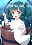  1girl bucket commentary_request dark_green_hair green_eyes green_hair hair_bobbles hair_ornament highres holding in_bucket in_container kisume looking_at_viewer one-hour_drawing_challenge open_mouth ruu_(tksymkw) short_hair smile solo touhou wooden_bucket 