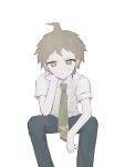  1boy ahoge black_pants breast_pocket brown_eyes brown_hair cheek_rest collared_shirt danganronpa_(series) danganronpa_2:_goodbye_despair feet_out_of_frame green_necktie grey_shirt highres hinata_hajime invisible_chair katyusha_(deer_peter) leaning_forward looking_at_viewer male_focus necktie pale_skin pants pocket shirt short_hair short_sleeves simple_background sitting solo white_background 