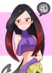  1girl arutarika_(ri_kaoekaki) black_hair black_pants blush closed_mouth commentary_request eyelashes gloves highres long_hair lucy_(pokemon) midriff multicolored_hair pants pink_background pokemon pokemon_(game) pokemon_emerald pokemon_rse purple_gloves purple_shirt red_eyes red_hair shirt sleeveless sleeveless_shirt solo spoken_squiggle squiggle streaked_hair sweat two-tone_hair 