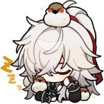  1boy animal animal_on_head arm_support bird bird_on_head chibi chinese_clothes closed_eyes english_commentary high_ponytail honkai:_star_rail honkai_(series) jing_yuan mole mole_under_eye no_mouth official_art on_head red_headwear sleeping transparent_background white_hair zzz 