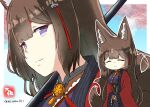  1girl ^_^ amagi_(azur_lane) animal_ear_fluff animal_ears azur_lane blunt_bangs bridal_gauntlets brown_hair closed_eyes commentary_request eyeshadow fox_ears fox_girl fox_tail hair_ornament japanese_clothes kitsune kyuubi long_hair looking_at_viewer makeup multiple_tails own_hands_together purple_eyes red_eyeshadow short_sleeves sidelocks signature smile solo stick tail taisa_(kari) thick_eyebrows twitter_username v_arms wide_sleeves 