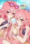  2girls bare_shoulders beach bikini blush bracelet breasts chameleon dual_persona eating elf eyewear_on_head fang_qiao flower food hair_flower hair_ornament heart heart-shaped_eyewear highres ice_cream ice_cream_cone jewelry licking long_hair looking_at_viewer multiple_girls neneka_(princess_connect!) neneka_(summer)_(princess_connect!) open_mouth pink_eyes pink_hair pointy_ears princess_connect! purple_bikini shore small_breasts spoon sunglasses swimsuit tongue tongue_out twintails very_long_hair 
