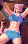  1girl abs absurdres animal_ears barbell bench_press blue_eyes breasts buttslayer cat_ears cat_girl dumbbell exercise facial_mark final_fantasy final_fantasy_xiv green_eyes gym hair_over_one_eye highres muscular muscular_female open_mouth pink_hair shorts solo sweat tank_top whisker_markings 