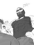  2boys absurdres artist_name bara call_of_duty call_of_duty:_modern_warfare_2 covered_abs covered_navel dopanin english_text ghost_(modern_warfare_2) greyscale highres holding holding_towel large_pectorals looking_at_another male_focus mask monochrome multiple_boys muscular muscular_male pants pectorals short_hair sidecut skull_mask soap_(modern_warfare_2) tank_top towel towel_on_one_shoulder 