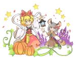  2girls animal_ears basket blonde_hair bow brown_dress character_request closed_mouth crystal_ball dress falling_petals grey_hair hair_bow highres holding holding_basket leaf long_sleeves medium_hair mouse_ears mouse_tail multiple_girls open_mouth petals primsla pumpkin red_bow red_dress red_eyes smile starry_background tail touhou white_background yellow_eyes 