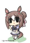  :d absurdres animal_ears blue_bow blue_shirt blush_stickers bow brown_footwear brown_hair chibi colored_shadow fine_motion_(umamusume) full_body goma_(gomasamune) hair_between_eyes hand_up highres horse_ears horse_girl horse_tail multicolored_hair pleated_skirt ponytail puffy_short_sleeves puffy_sleeves school_uniform shadow shirt shoes short_sleeves simple_background skirt smile standing tail thighhighs tracen_school_uniform twitter_username two-tone_hair umamusume white_background white_hair white_skirt white_thighhighs 