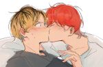  2boys blonde_hair blush closed_eyes given kashima_hiiragi_(given) kiss male_focus multicolored_hair multiple_boys netorare pevellynee red_hair satou_mafuyu shirt simple_background streaked_hair white_background white_shirt yaoi 