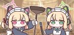  2girls :&lt; :3 animal_ear_headphones animal_ears apron architecture black_dress blonde_hair blue_archive blue_bow blue_bowtie blurry blurry_background blush_stickers bow bowtie broom chibi cho_yang dress fake_animal_ears green_eyes green_halo hair_bow halo headphones highres holding holding_broom holding_staff long_sleeves maid maid_apron maid_headdress midori_(blue_archive) midori_(maid)_(blue_archive) momoi_(blue_archive) momoi_(maid)_(blue_archive) multiple_girls pink_halo puffy_long_sleeves puffy_sleeves red_bow short_hair short_twintails siblings staff twins twintails upper_body white_bow 