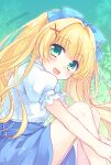  1girl :d blonde_hair blue_bow blue_skirt blush bow casual commentary_request eyelashes eyes_visible_through_hair frilled_sleeves frills from_side green_background green_eyes hair_between_eyes hair_bow hair_intakes hair_ornament head_tilt highres hugging_own_legs knees_up kousetsu long_hair looking_at_viewer open_mouth puffy_short_sleeves puffy_sleeves shirt short_sleeves simple_background sitting skirt smile solo summer_pockets tsumugi_wenders twintails twitter_username very_long_hair white_shirt x_hair_ornament 
