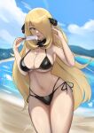  1girl alternate_costume artist_name beach bikini black_bikini black_choker blonde_hair breasts brown_eyes choker cynthia_(pokemon) food hair_ornament hair_over_one_eye highres holding holding_food holding_popsicle large_breasts long_hair looking_at_viewer melting pokemon pokemon_(game) pokemon_dppt popsicle side-tie_bikini_bottom solo swimsuit tongue very_long_hair zet_(twt_zet) 