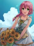  1girl blue_sky chihiro_(chihiro3399) cloud double-parted_bangs dress eiyuu_densetsu flower green_eyes hair_ornament hairclip hat highres holding holding_flower juna_crawford long_hair looking_at_viewer open_mouth pink_hair ponytail sen_no_kiseki sky smile sun_hat sundress sunflower 