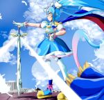  1girl absurdres ahoge blue_dress blue_eyes blue_footwear blue_hair blue_sky blurry blurry_foreground cape closed_mouth cloud commentary cure_sky cut_bangs depth_of_field detached_sleeves dress feathers fingerless_gloves from_side gloves hand_on_own_hip highres hirogaru_sky!_precure holding holding_sword holding_weapon jewelry light_rays long_hair looking_to_the_side magical_girl medium_dress multicolored_hair pink_hair precure puffy_detached_sleeves puffy_sleeves shadow shoes sind_ngmhn28 single_sidelock sky sleeveless sleeveless_dress smile solo sora_harewataru standing streaked_hair sword thighhighs twintails two-sided_cape two-sided_fabric very_long_hair weapon white_gloves white_thighhighs wind 