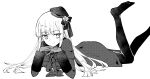  1girl coat commentary_request fate_(series) flower gloves hat highres long_hair lord_el-melloi_ii_case_files lying monochrome nayu_tundora on_stomach pantyhose reines_el-melloi_archisorte rose smile solo tilted_headwear white_background 