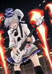  1girl blue_skirt closed_eyes commentary electric_guitar facing_viewer fire frilled_skirt frills grey_hair guitar highres holding holding_instrument instrument japanese_clothes kariginu long_sleeves mononobe_no_futo music open_mouth playing_instrument pom_pom_(clothes) ponytail ribbon-trimmed_sleeves ribbon_trim sakamoto_fred skirt solo touhou 