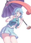  1girl aqua_skirt aqua_vest blue_hair blush closed_mouth highres hihi_(cvwv4322) karakasa_obake one_eye_closed red_eyes shirt short_hair short_sleeves simple_background skirt smile solo tatara_kogasa thighs tongue tongue_out touhou umbrella white_background white_shirt 