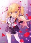  1girl ahoge black_skirt blazer blonde_hair bow bowtie breasts buttons collar copyright double-breasted falling_petals frilled_skirt frills hair_bow hand_on_own_hip highres jacket large_breasts long_hair looking_at_viewer nijisanji official_art petals pointing red_bow red_eyes rose_petals school_uniform shigure_ui skirt smile solo sparkle sweater takamiya_rion thighhighs twintails virtual_youtuber white_bow white_bowtie white_jacket white_sweater white_thighhighs wixoss 