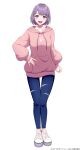  1girl 60mai :d \||/ arm_at_side baggy_clothes blue_pants blush braid character_request collarbone copyright crown_braid denim dot_nose drawstring earrings full_body hand_on_own_hip highres hood hood_down hoodie iriam jeans jewelry looking_at_viewer open_mouth pants pink_hoodie purple_eyes shoes short_hair sidelocks simple_background single_earring smile sneakers solo straight-on teeth torn_clothes torn_jeans torn_pants upper_teeth_only virtual_youtuber watermark white_background white_footwear 