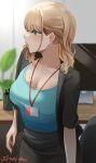  1girl artist_name blonde_hair blurry blurry_background breasts cleavage colored_inner_hair cup earrings highres indoors jewelry lanyard large_breasts light_brown_hair michan127neko mole mole_on_breast mole_under_eye monitor mug multicolored_hair necklace office_lady original pencil_skirt skirt 