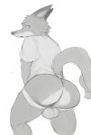  absurd_res anthro anus backsack balls balls_in_underwear barely_visible_anus big_butt black_nose bottomwear butt canid canine clothed clothing disney erokaiga fox genitals hi_res looking_back male mammal nick_wilde partially_clothed presenting presenting_hindquarters shirt solo standing t-shirt topwear underwear zootopia 
