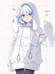  1girl alternate_costume animal_hood black_pantyhose blue_eyes blue_hair cinnamoroll furina_(genshin_impact) genshin_impact heterochromia highres hood hood_up hoodie long_sleeves looking_at_viewer mismatched_pupils multicolored_hair pantyhose pomepome1207 rabbit_hood sanrio solo tongue tongue_out white_background white_hair white_hoodie 