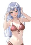  1girl b1ack_illust bikini blue_eyes blue_hair blush bow breasts cleavage collarbone dot_nose front-tie_bikini_top front-tie_top hair_bow hair_ornament hairpin hands_up highres idolmaster idolmaster_million_live! idolmaster_million_live!_theater_days long_hair looking_at_viewer medium_breasts navel open_mouth red_bikini shiraishi_tsumugi shy simple_background solo swimsuit upper_body very_long_hair white_background wince 