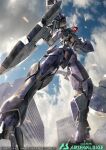  axe building cloud copyright_name dual_wielding embers from_below graze_ein gundam_arsenal_base head_tilt holding holding_axe mecha mobile_suit no_humans official_art one-eyed red_eyes robot sky solo tory_youf 