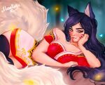  1girl ahri_(league_of_legends) animal_ears artist_name bare_shoulders bodystocking breasts cleavage facial_mark fox_ears fox_tail gold_trim highres large_breasts league_of_legends long_hair looking_at_viewer meowtastic outdoors solo tail thighlet 