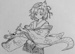  1girl closed_mouth commentary floral_print flower greyscale hair_flower hair_ornament hieda_no_akyuu highres holding holding_paintbrush holding_scroll japanese_clothes kanaria_(bocmn) kimono monochrome one-hour_drawing_challenge paintbrush scroll short_hair simple_background sketch skirt solo touhou traditional_media 