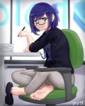  1girl a-chan_(hololive) barefoot black-framed_eyewear black_shirt blue_bow blue_eyes blue_hair bow denim efreezerarts english_commentary feet foot_focus glasses hair_bow highres hololive jeans lanyard long_sleeves looking_at_viewer office_lady opaque_glasses pants shirt shoes shoes_removed short_hair soles solo swept_bangs toenails toes virtual_youtuber 