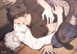  2boys animal_ears blush closed_mouth highres hug ilay_riegrow jeong_taeui male_focus multiple_boys o_ssion open_mouth passion_(manhwa) shirt sweatdrop tail white_hair wolf_ears wolf_tail 