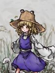  1girl blonde_hair blush brown_headwear frog hat long_sleeves medium_hair moriya_suwako myui17901139 notice_lines open_mouth outstretched_arms purple_skirt purple_vest red_ribbon reeds ribbon shirt sidelocks skirt snake solo spread_arms touhou vest white_shirt wide_sleeves yellow_eyes 